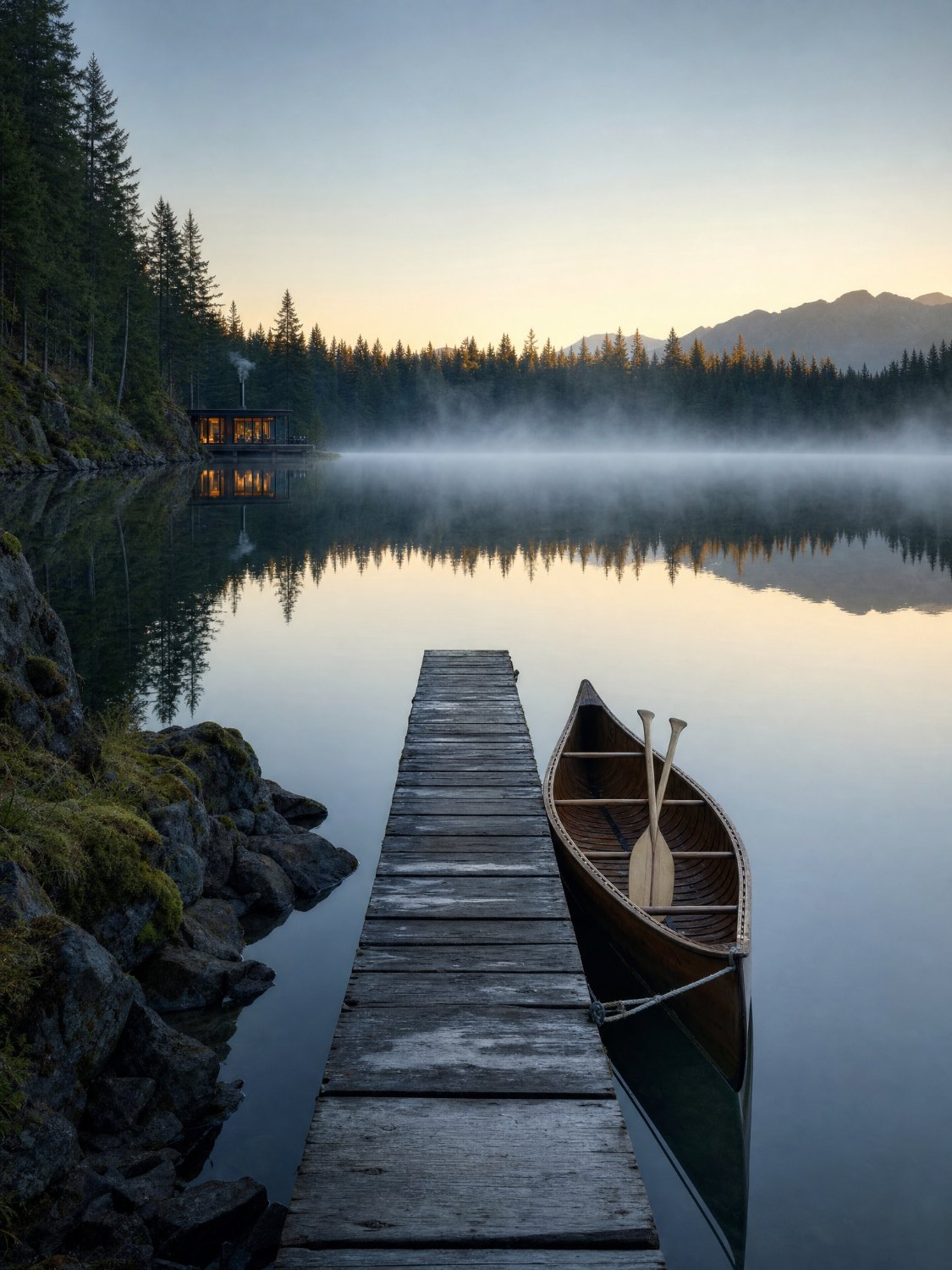 A private cedar dock with a canoe on still water at dawn