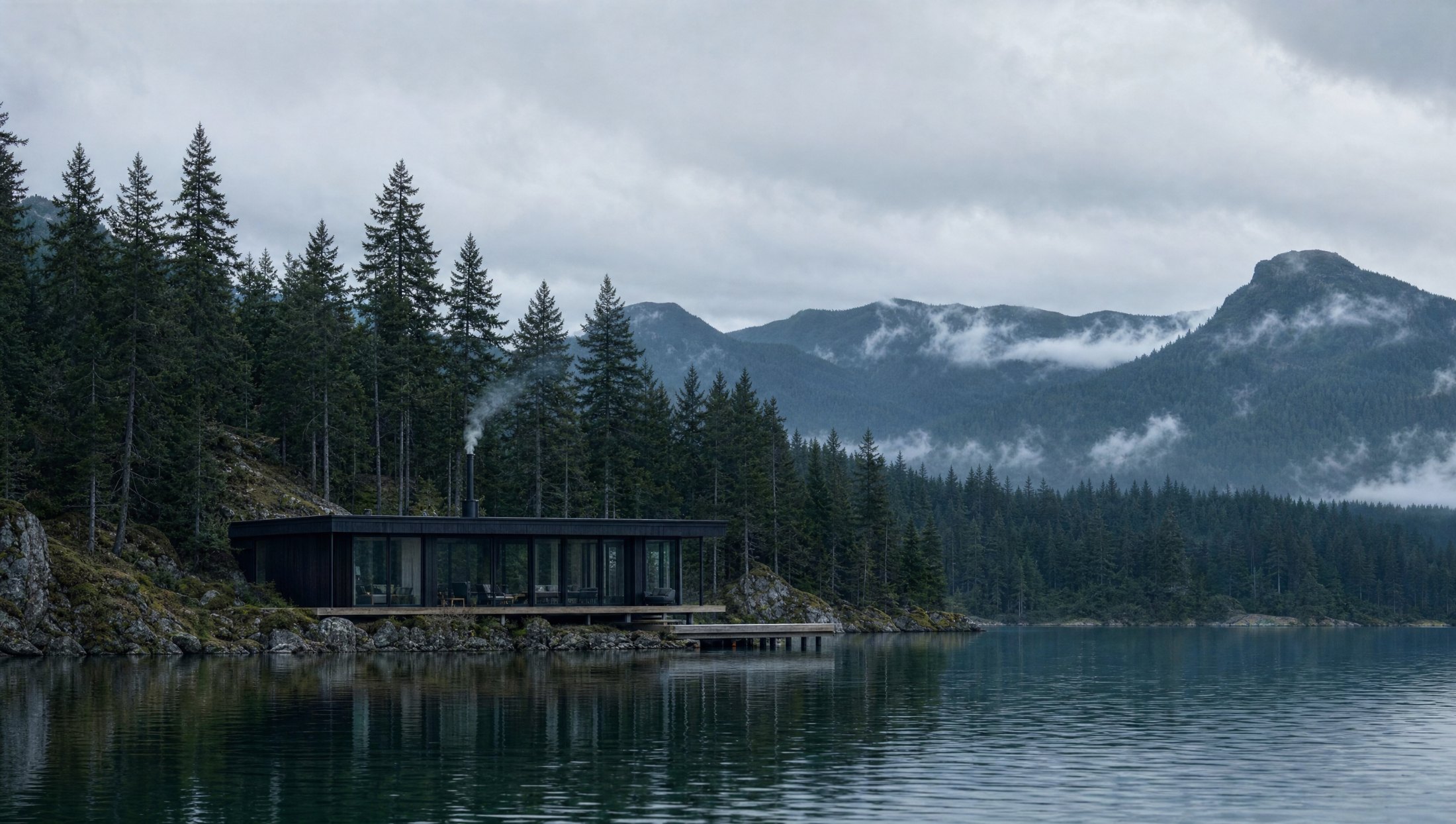 The cabin and its shoreline seen from across the lake on an overcast afternoon