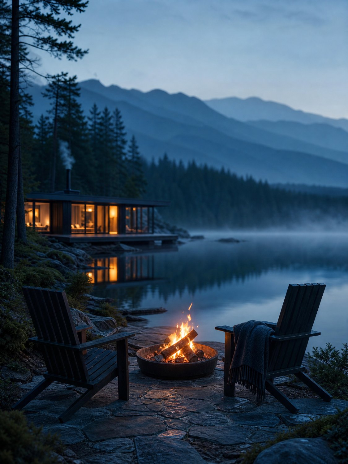 A lakeside fire pit with two chairs and a wool blanket at dusk