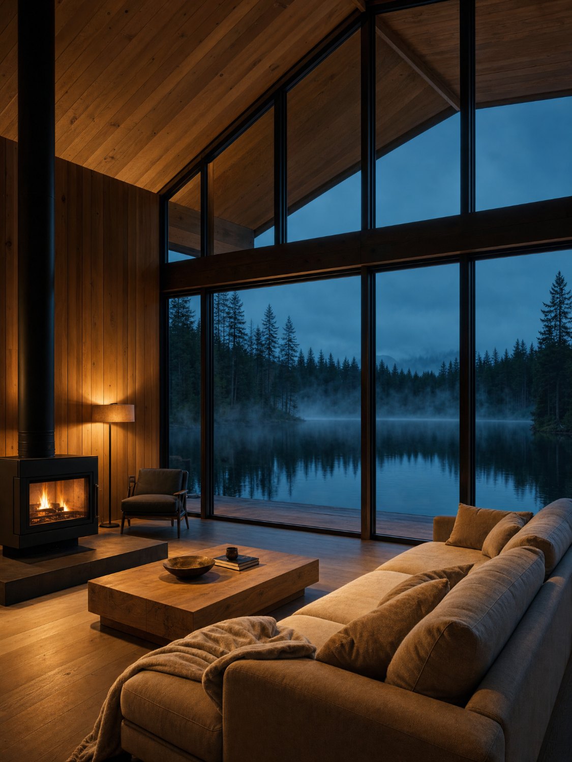 The great room, with a double-height glass wall over the lake and a wood stove