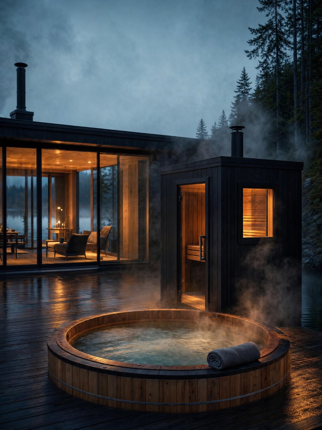A cedar hot tub steaming on the deck at dusk beside a small sauna