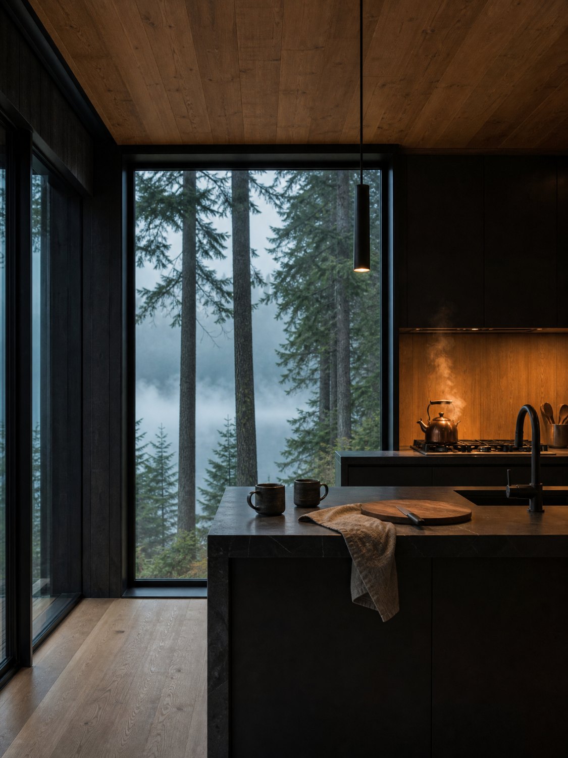 Matte black kitchen with a soapstone island and a window onto the pines