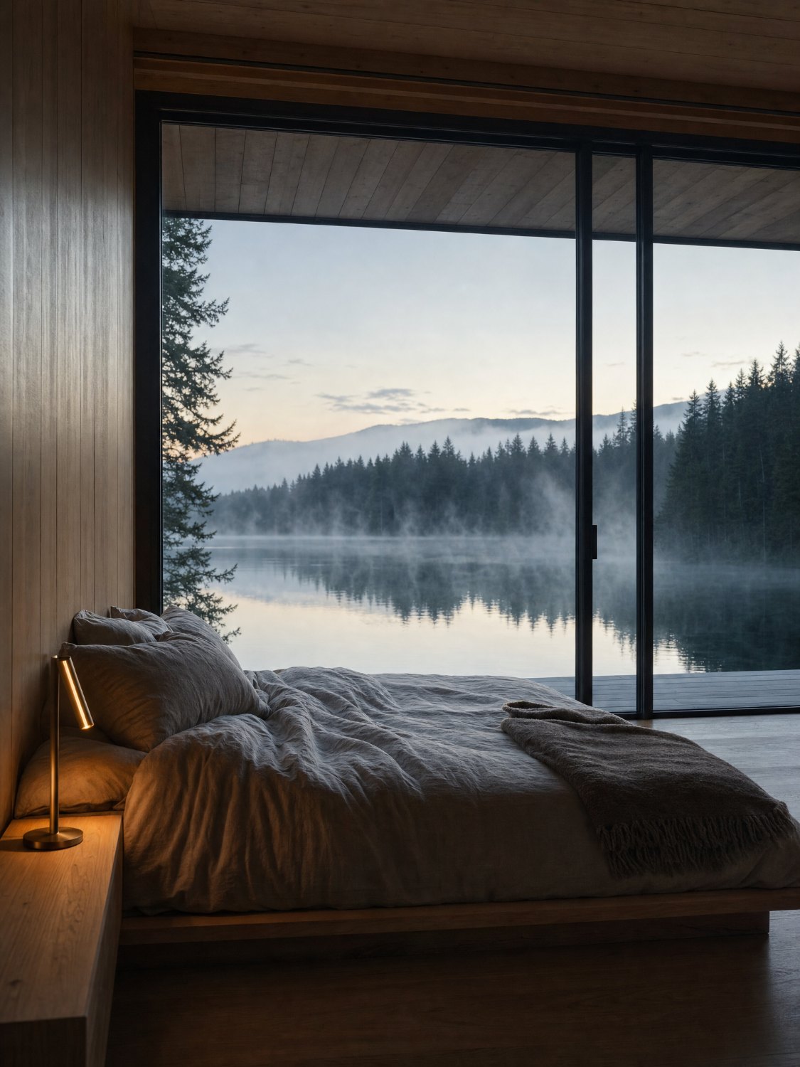 The primary suite, with a low linen bed against the glass and fog on the lake