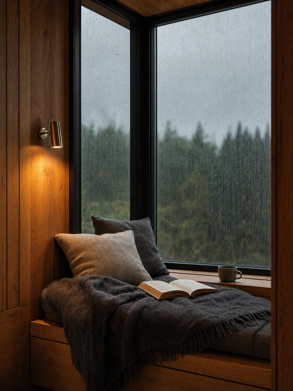 A built-in window seat with a wool throw and a book, rain on the pane