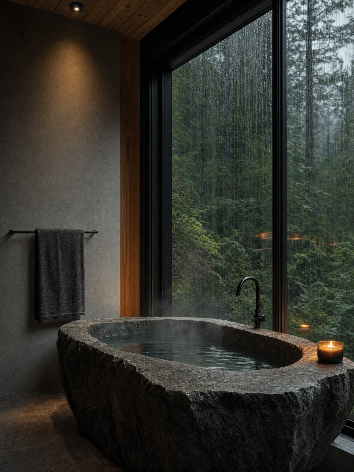 A carved stone soaking tub beside a forest window in the rain
